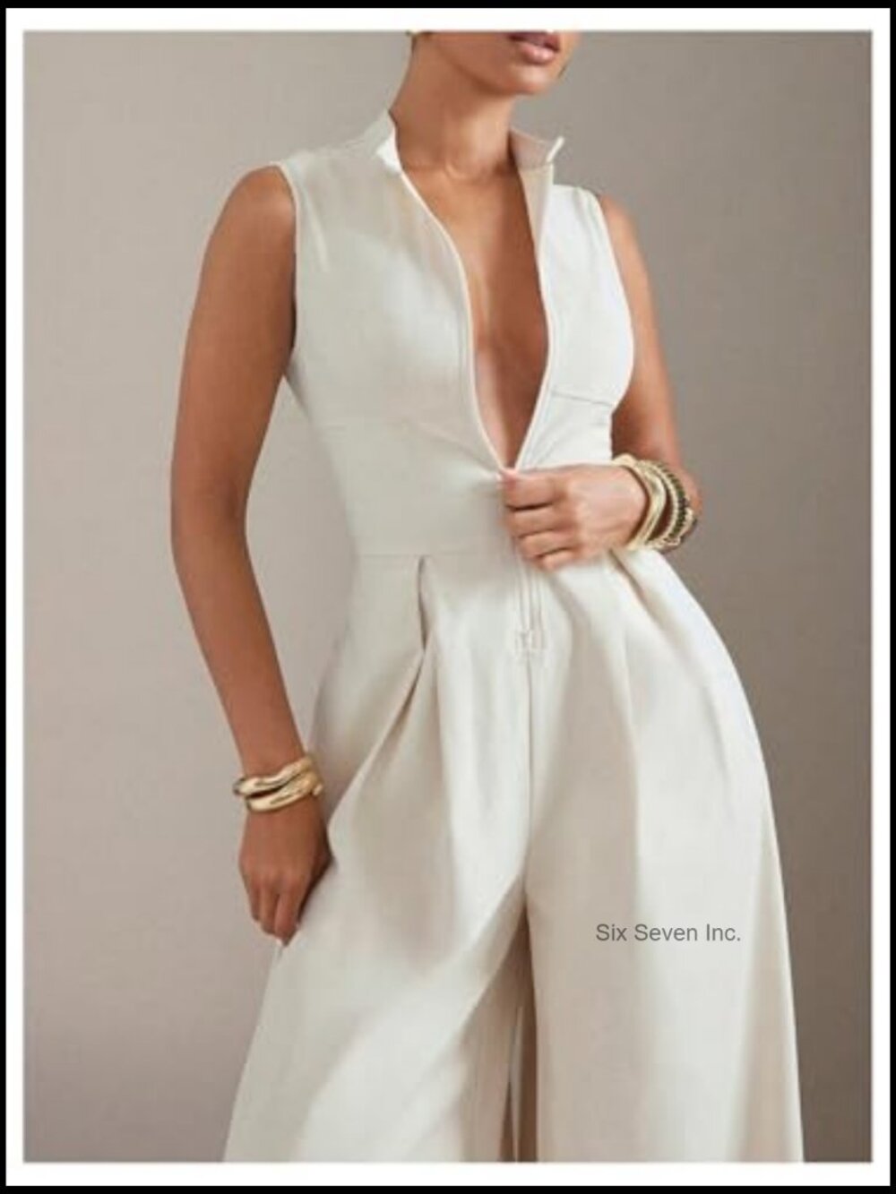 Zipper Front Wide Leg Jumpsuit Mock Neck Sleeveless Elegant Romper - Picture 4 of 5